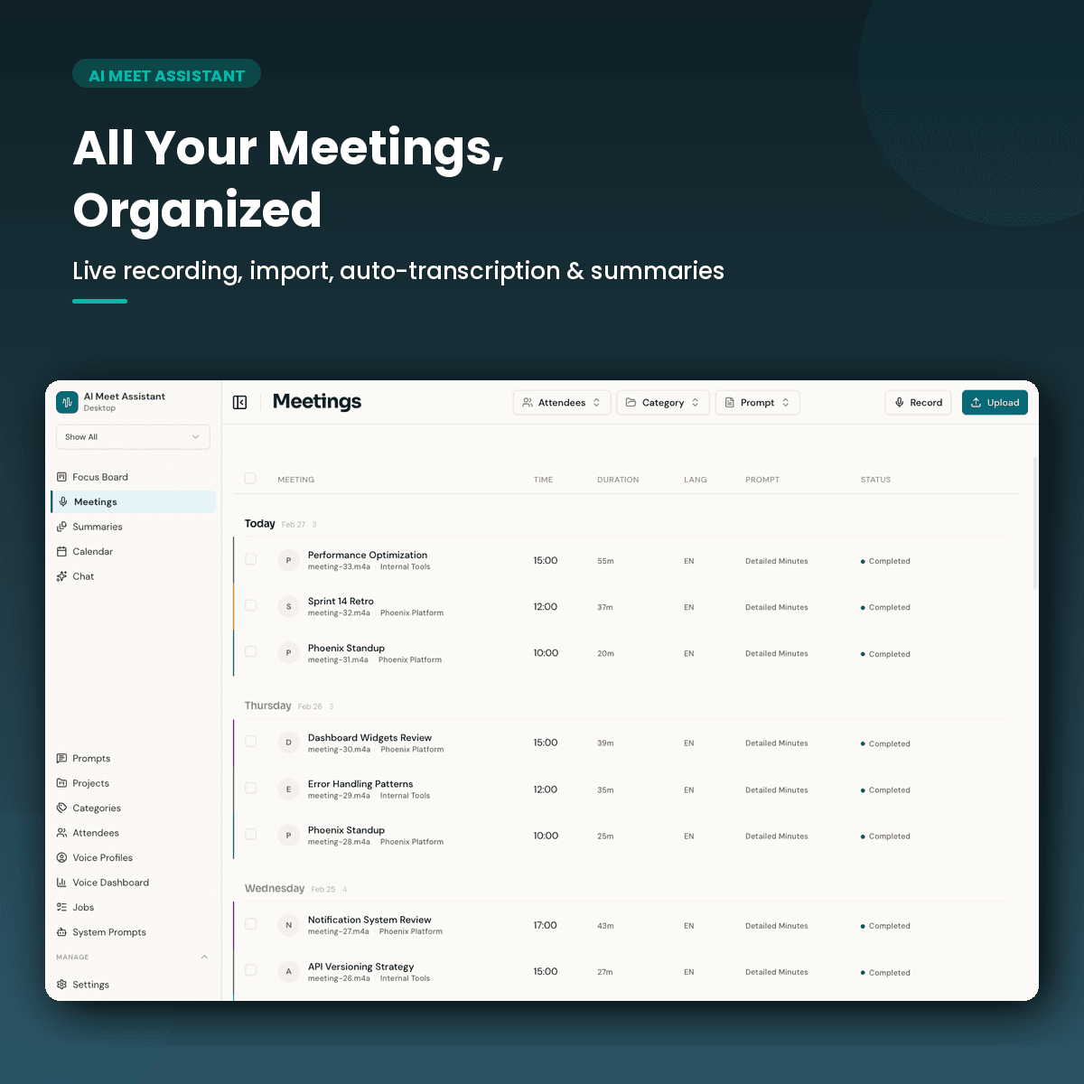 Speklo meeting summary dashboard showing captured decisions, action items, and key topics from a product review meeting