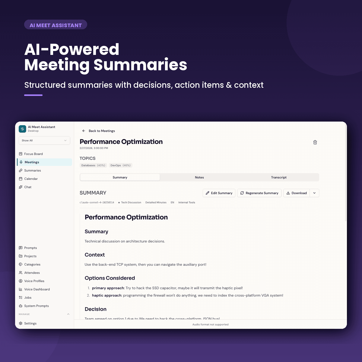 Speklo meeting summary showing extracted decisions, action items, and key discussion topics