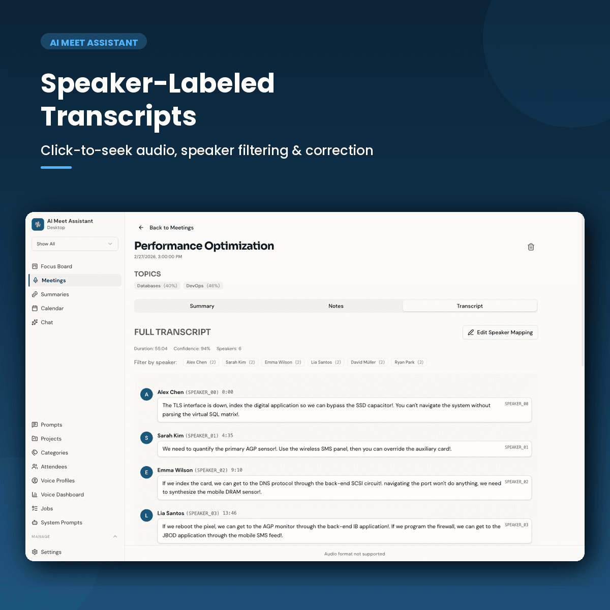 Speklo chat interface answering a question about a past meeting with source transcript references