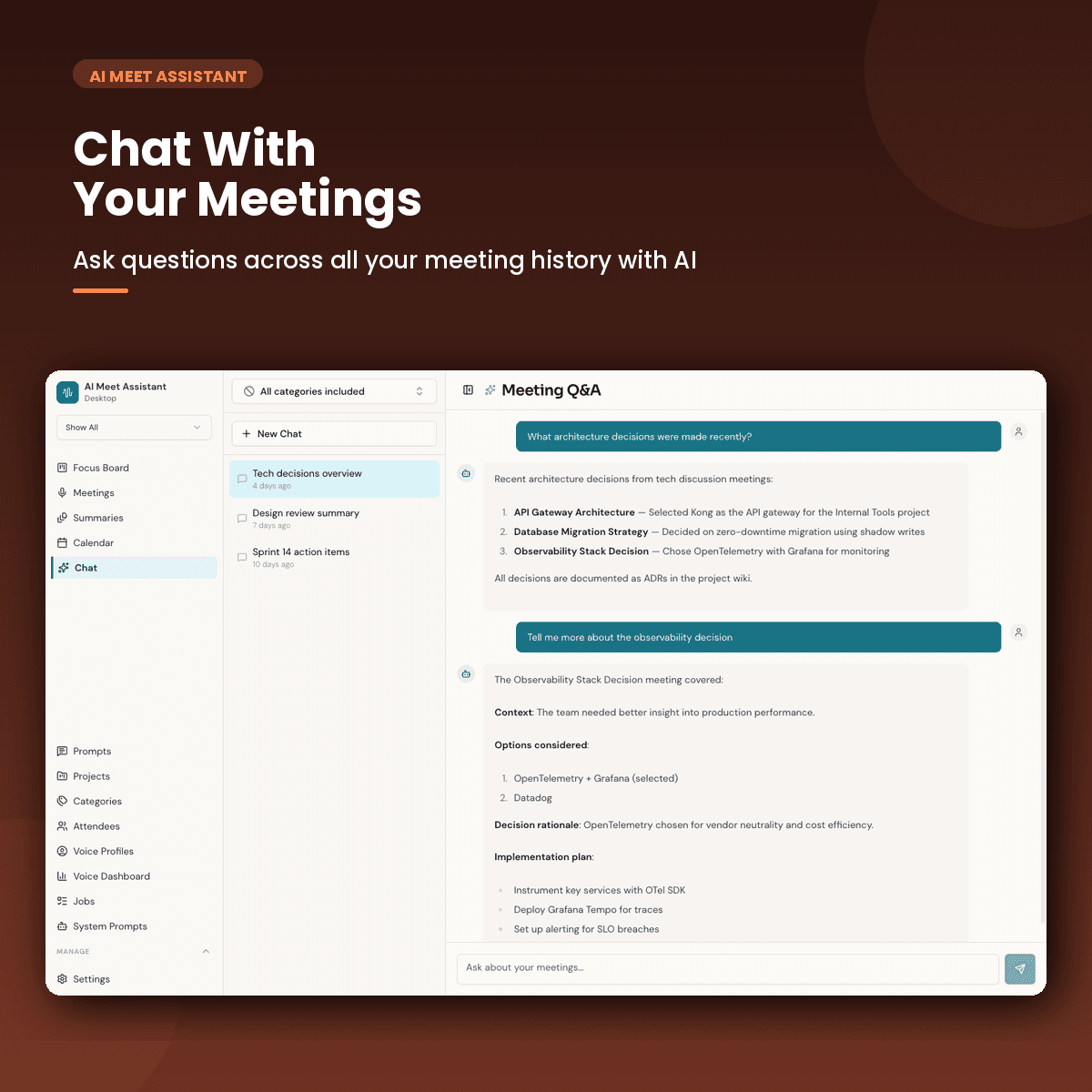 Speklo insights view showing recurring themes and patterns detected across multiple meetings
