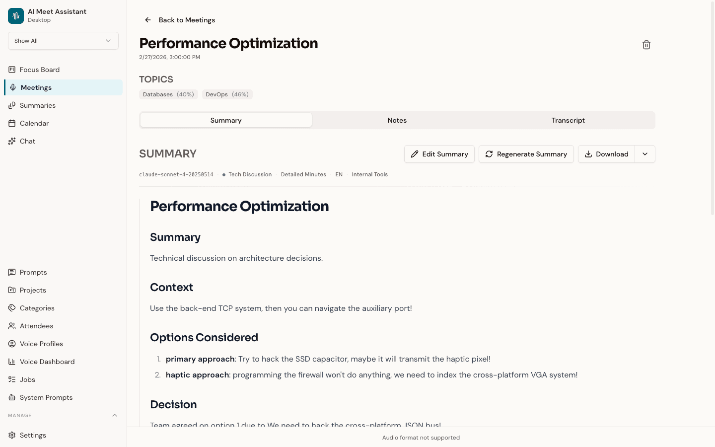 Speklo meeting detail view showing an AI-generated summary with decisions, action items, and key topics
