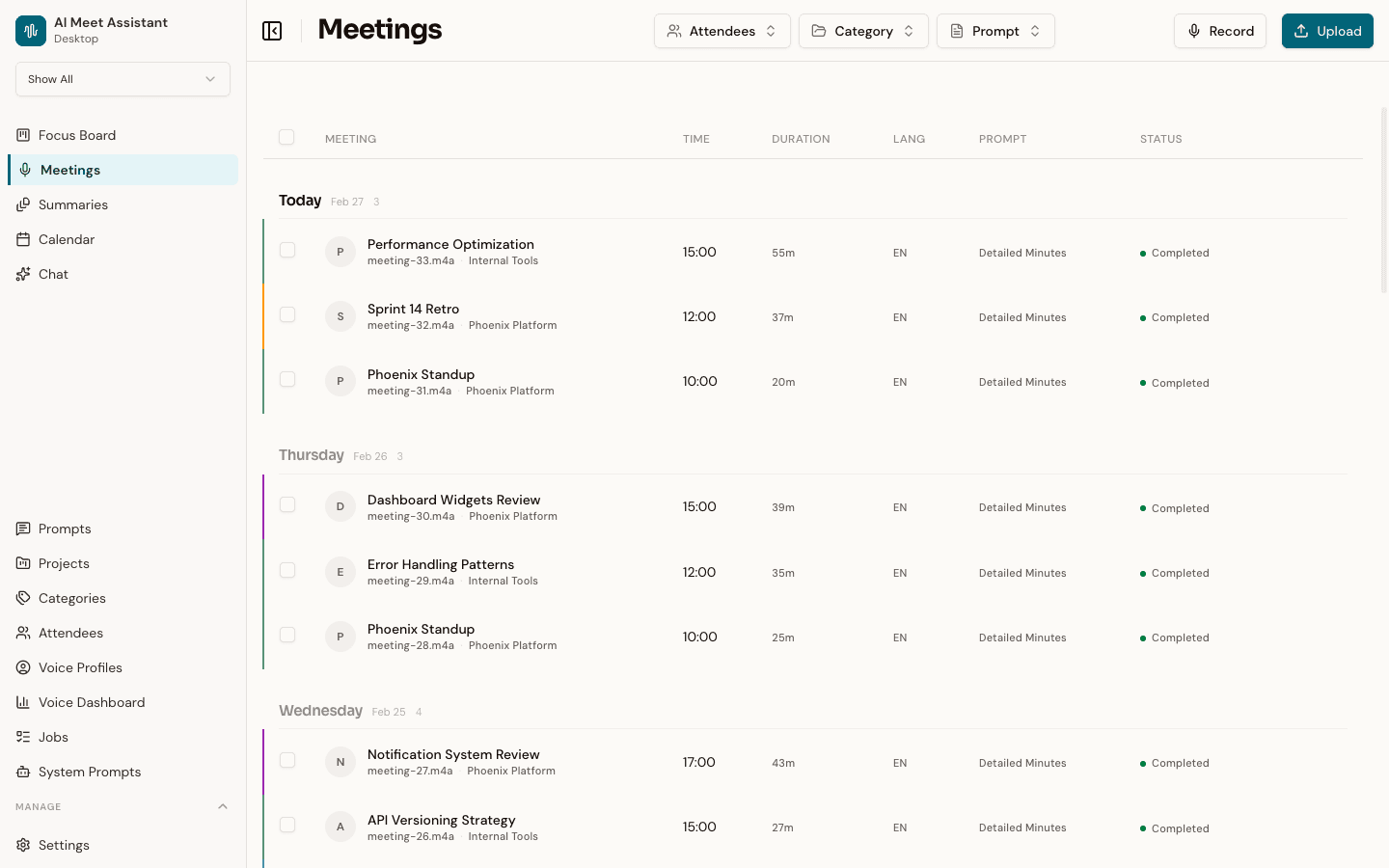 Speklo meetings page showing a list of recorded meetings grouped by day with attendees, categories, and processing status