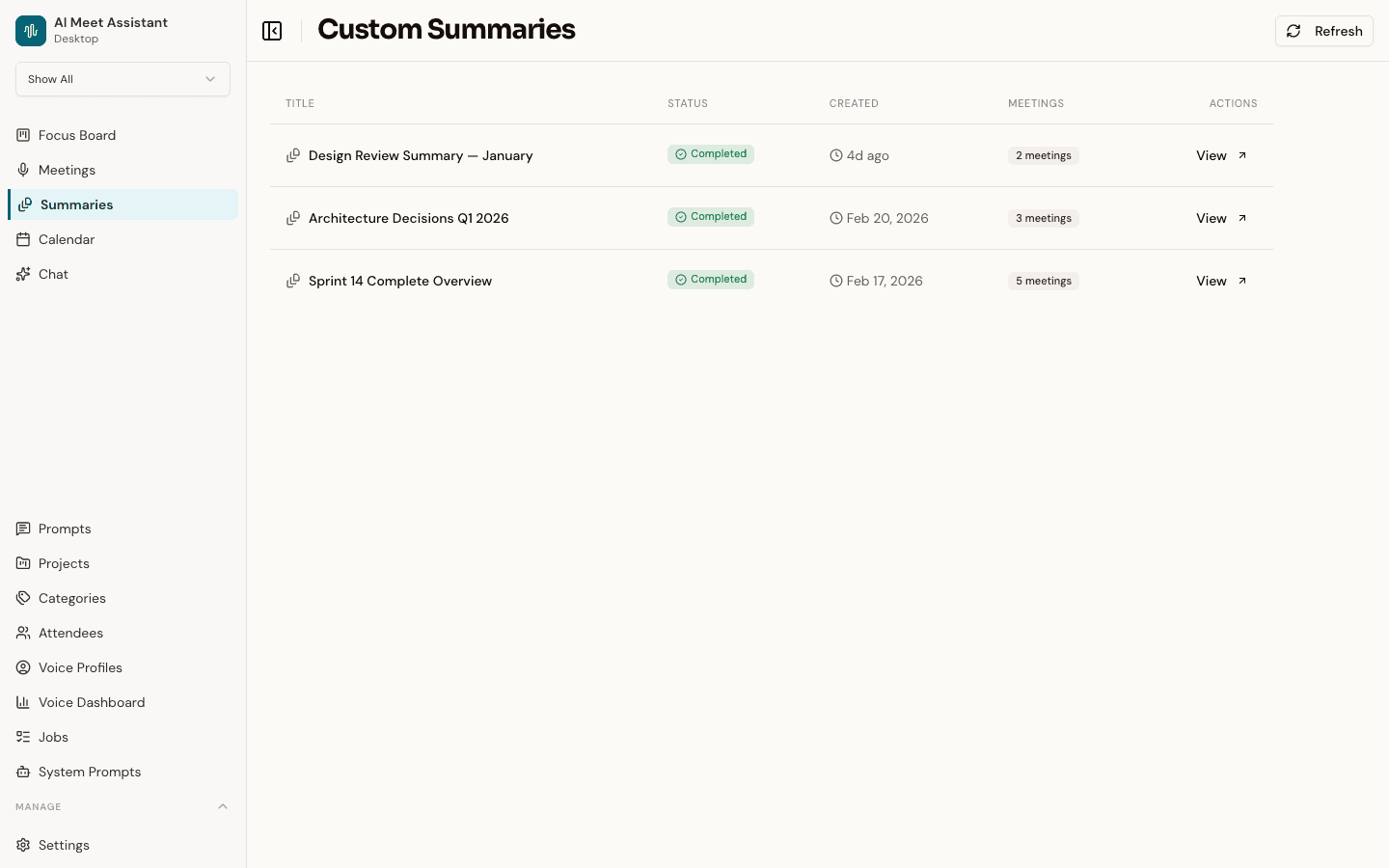 Speklo cross-meeting summaries showing a synthesized document combining insights from multiple meetings