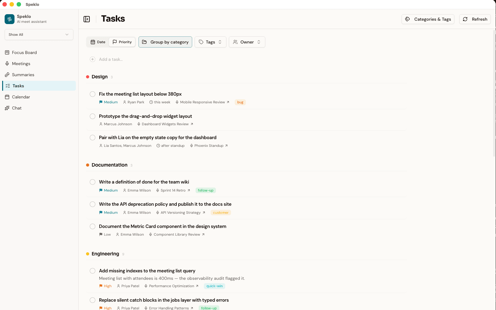 Speklo Tasks page with tasks grouped by category, each showing an owner, due date and the meeting it came from
